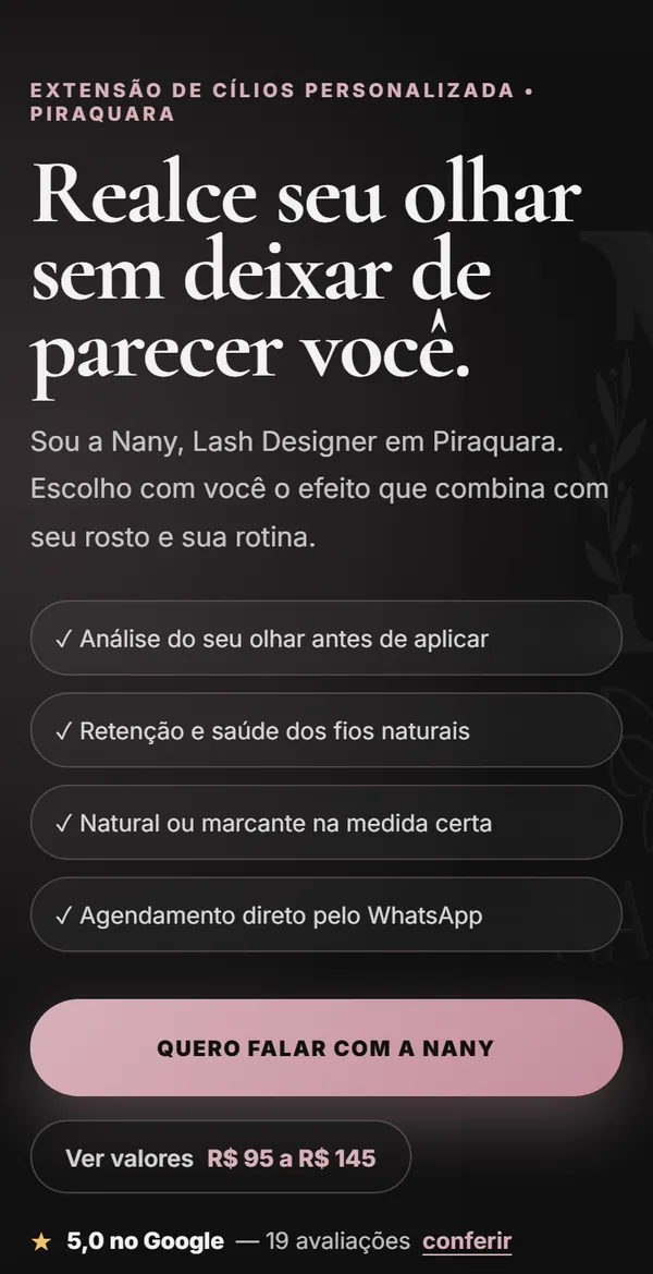 Primeira tela do site do Studio Nany Lash no celular: título, faixa de preço de R$ 95 a R$ 145, botão para o WhatsApp e nota 5,0 no Google.